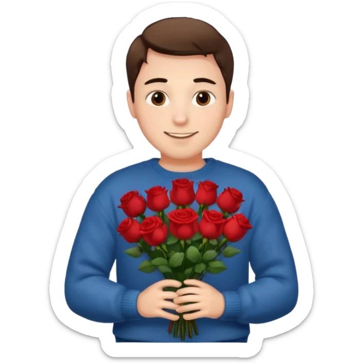 male memoji, man in a cozy sweater, holding a bouquet of red roses, soft smile sticker