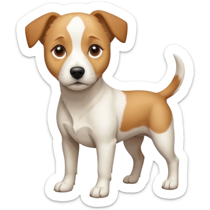 a full body facing front on of a buff white beagle cross jack russell terrier looking dog the size of a kelpie with light brown long ears resting on its face and a light brown patch above one eye and a large snout. the rest of the dog is completely white.  sticker