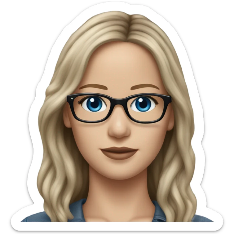 Lifelike  Jennifer Lawrence brunette lonh hair wearing black glasses and blue eyes  sticker