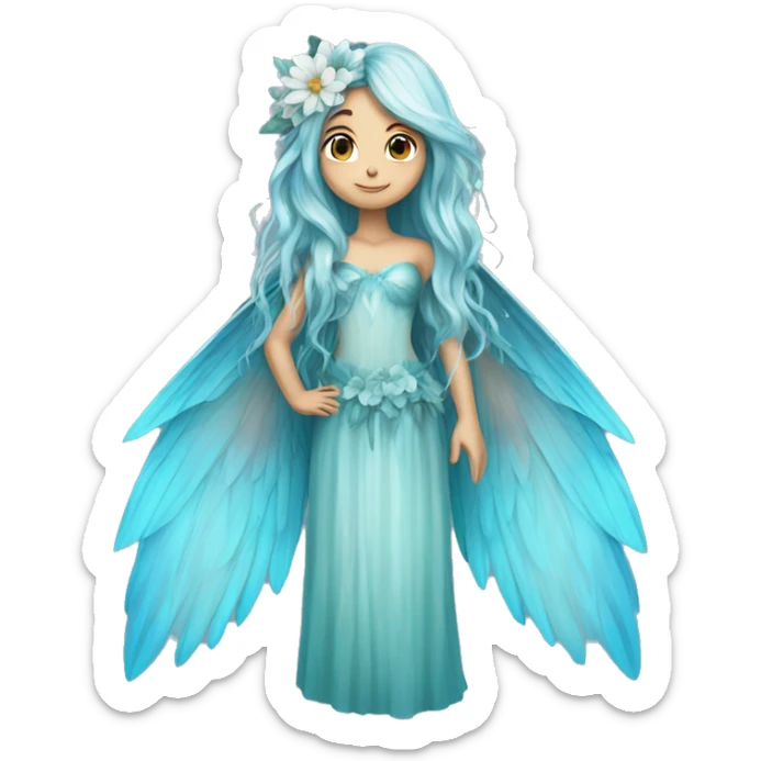 Beautiful, flower, fairy, blue, turqoise, silver, long hair, big wings sticker