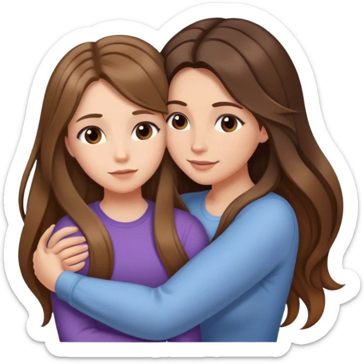 Mom with long balayage beautiful hair and daughter with long brown hair hugging sticker