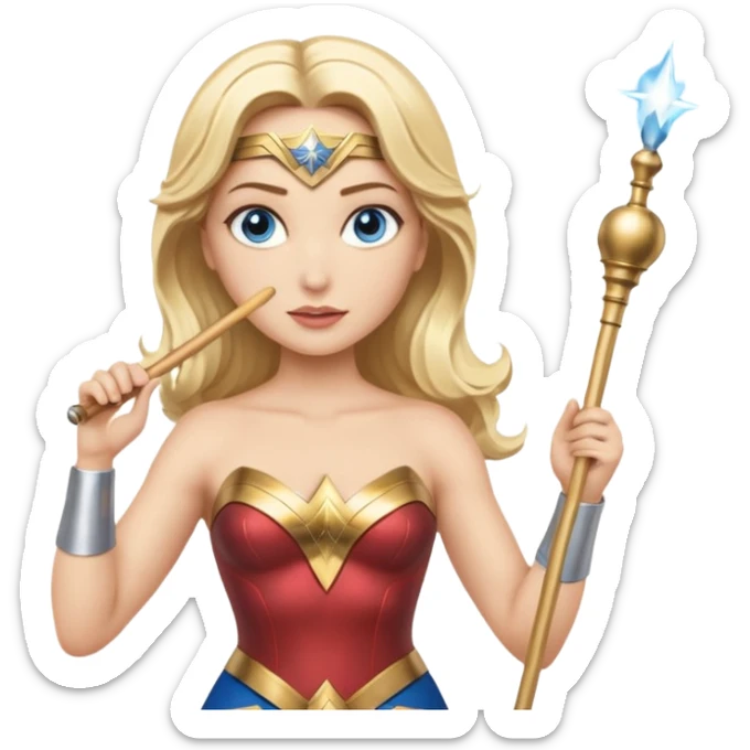 Blonde blue eyed Wonder Woman holding white orchestra conductor’s baton and bell  sticker