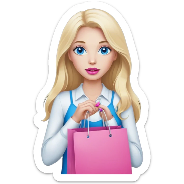 Cinematic realistic blonde with long hair, blue eyes and pink lips holds shopping bags in her hands sticker