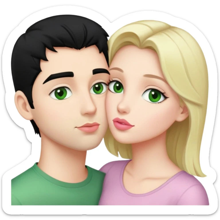A blonde girl with fair skin and green eyes and light pink lips a guy with black hair and fair skin and green eyes are kissing sticker