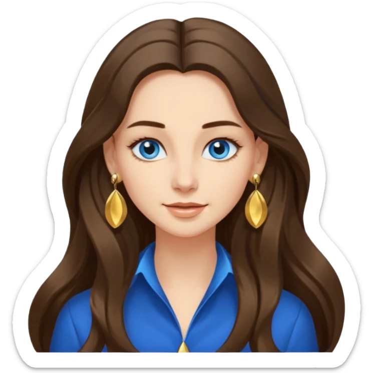 
Create an emoji of a brunette with blue eyes. She should have long hair, stylish clothing, and a friendly facial expression. Add some accessories like earrings or glasses to make the look more interesting. sticker