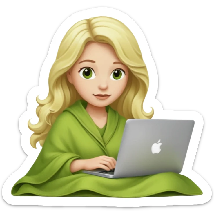 Blonde long wavy hair woman inside a green pistachio color blanket working on her macbook sticker