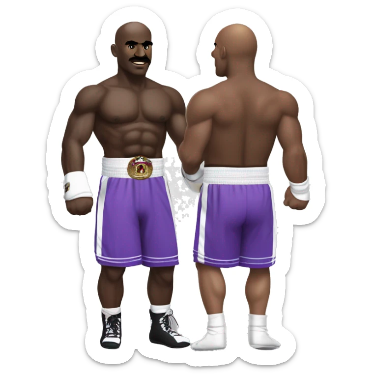 Evander Holyfield in his prime, bald, in boxing attire, purple shorts, with guard half up sticker