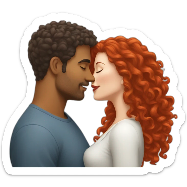 Brown man with a hair cut fade kissing a White woman with long red curly hair sticker