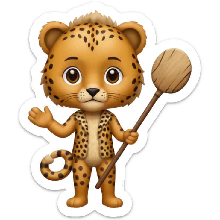 Give me a human who has hunch back and wearing cheetah print clothes  lot of hair on his body show full body and has a stick in his hand sticker