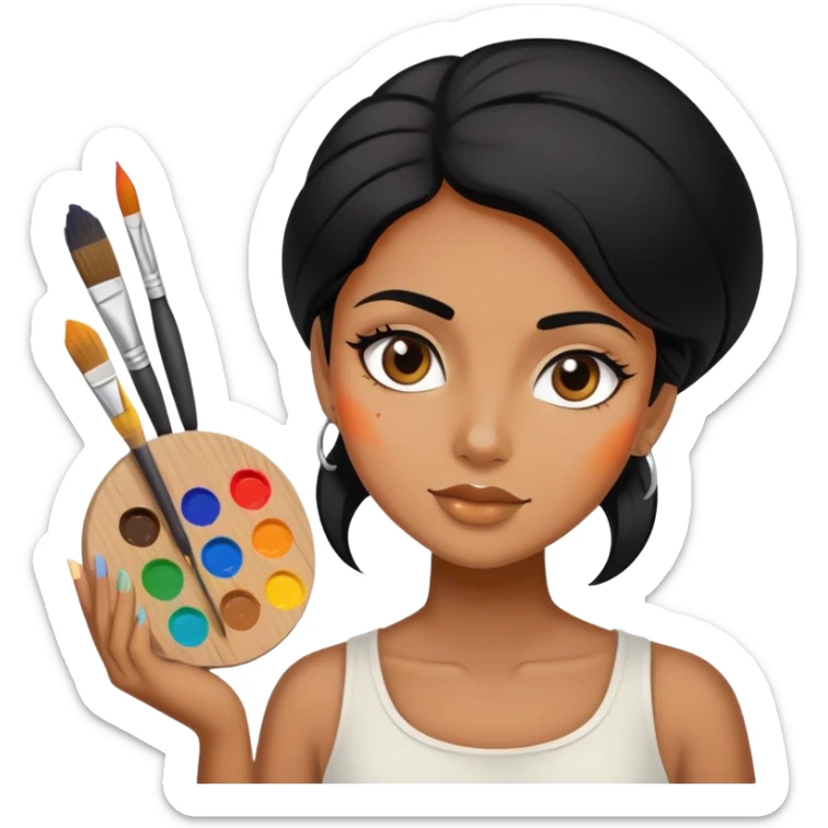 painting, artist, black hair tanned woman, paint pallet colors and paint brush sticker