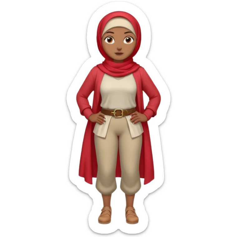 Heavy-set woman with medium-brown skin wearing a light red hijab, cream top, light red pants, tan shoes, and a visible gray pirate peg leg. Standing confidently with one hand on her hip sticker
