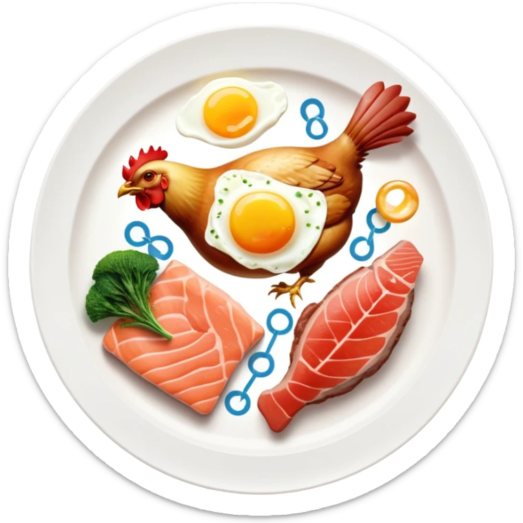 Floating plate with protein foods: large golden chicken breast in the center, smaller salmon fillet, red meat steak, and an egg, all orbiting a DNA double helix, with energy rays connecting to a muscular figure silhouette sticker
