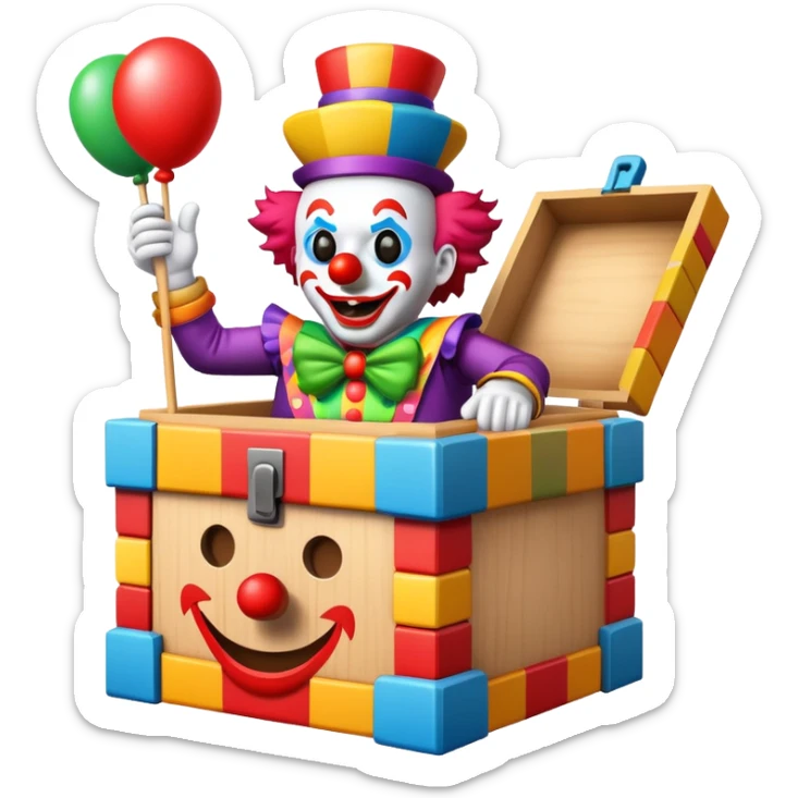 A "jack-in-the-box" is a children's toy consisting of a colorful box from which a figure, often a clown or jester, springs up out of the box when the lid is raised or the crank is turned.  sticker