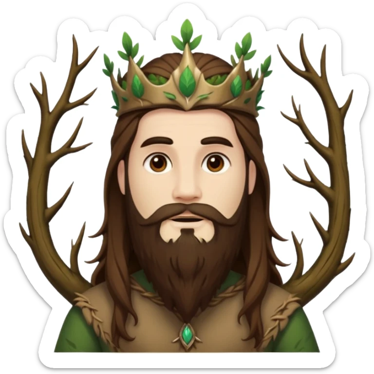 full body man long brown hair brown eyes medium beard white skin forest spirit with root crown sticker