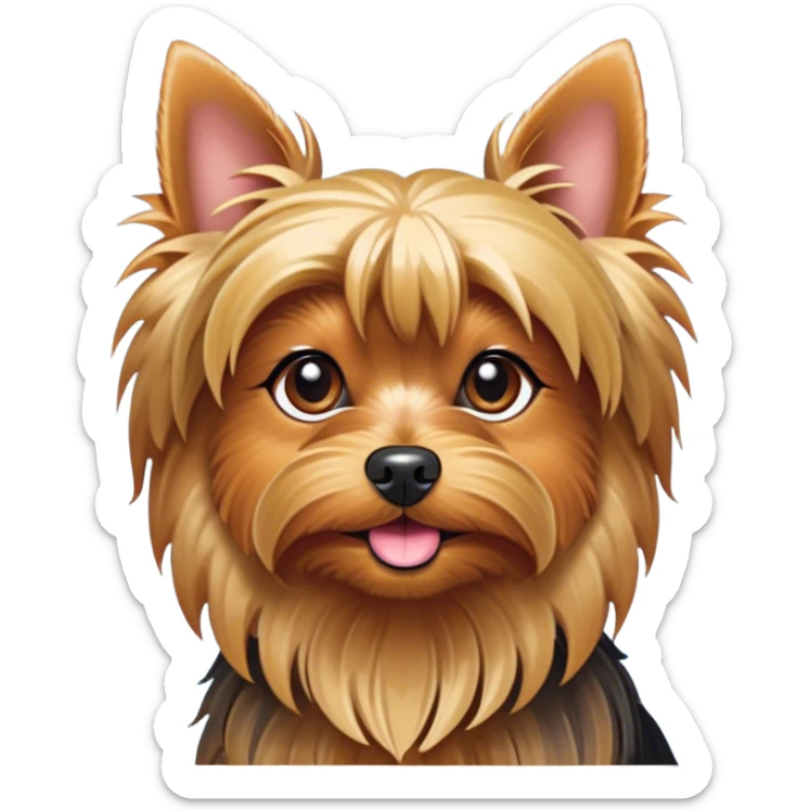 Cinematic Cute Yorkshire Terrier Portrait Emoji, Head perked with bright, twinkling eyes and a perky expression, showcasing a soft, silky fur in rich hues, simplified yet adorably detailed, glowing with a cheerful, inviting glow, high shine, exuding playful intelligence and spunky charm, styled with a gentle, whimsical outline, capturing the essence of a cute Yorkshire Terrier that appears ready to frolic off the screen with irresistible energy! sticker