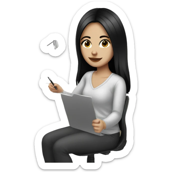 Pretty white girl with black hair and dark brown eyes working at home sticker
