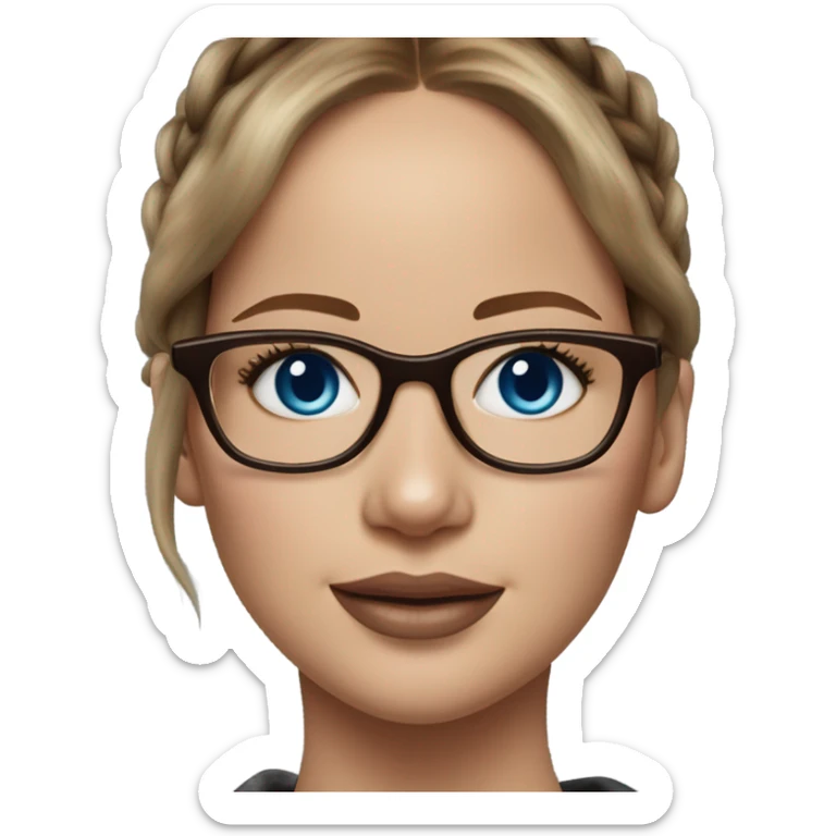 Hyper real Jennifer Lawrence with blue eyes glasses and chocolate hair in ponytail  sticker