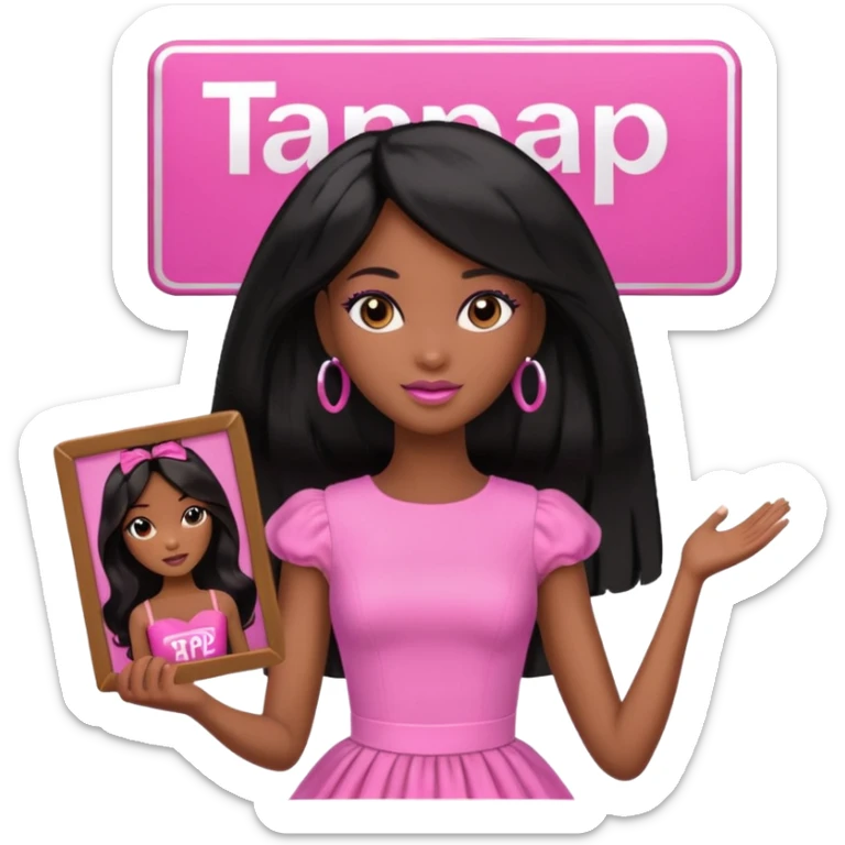 Black barbie, long black  hair, pink dress holding sign, that says tap sticker