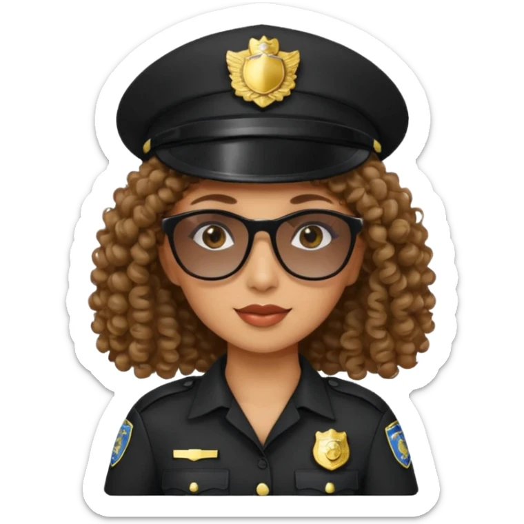 woman police wearing black dress with sun glasses curly hair and hat sticker
