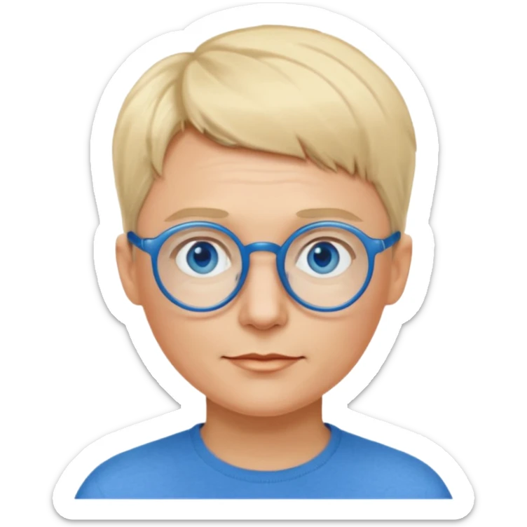 woman 50 years old, very short blonde hair like a man, blue eyes and blue round glasses sticker