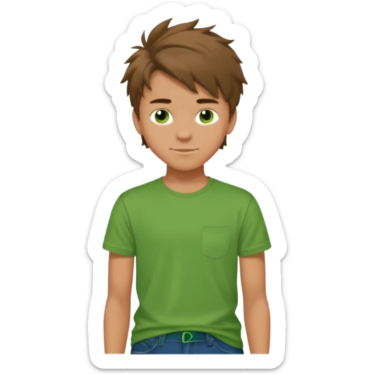 A 14 yerar old teenage boy, slightly tanned, wearing a green tshirt (no pocket), blue jeans and green sneakers with brown tousled hair, smirking sticker
