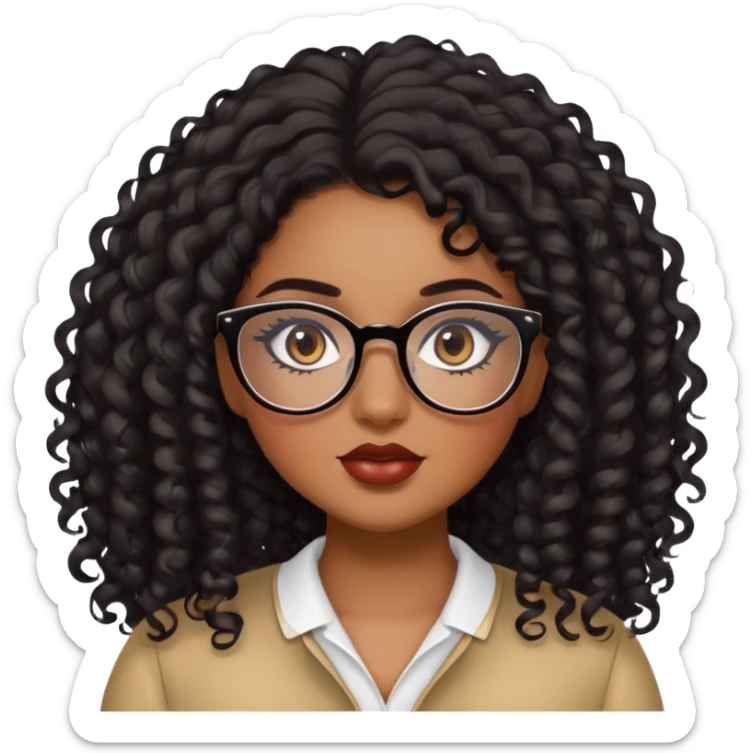 girl, brown skin, pretty, lipliner, eyeliner, eyelashes, plus size, brown eyes, LONG black curly hair, glasses sticker