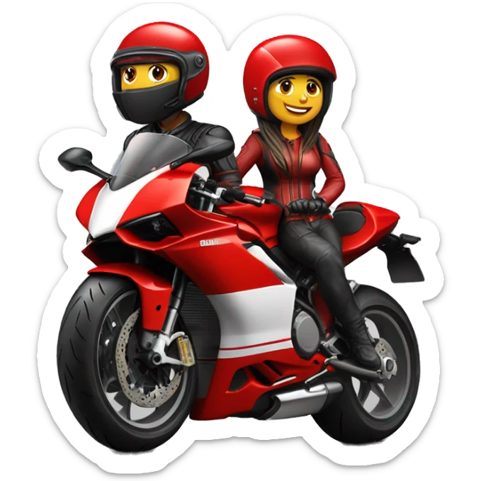 Biker couple wearing helmet in a red ducati 1098 motorcycle  sticker