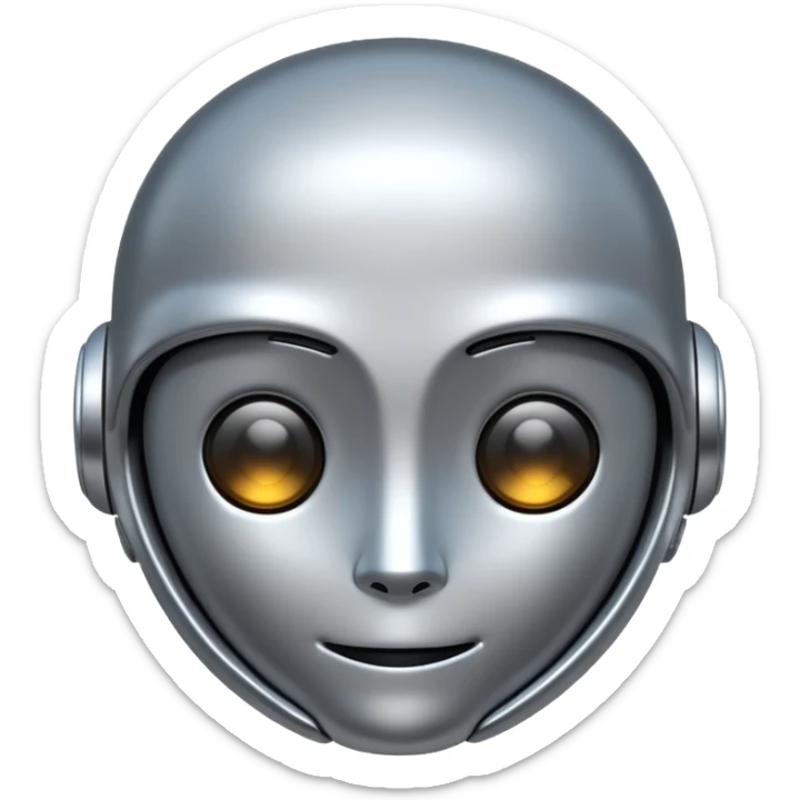 A cute futuristic robot emoji made of silver chrome, rounded friendly body, minimal facial features, glossy metallic surface, soft reflections, iOS emoji style, centered, clean white background sticker