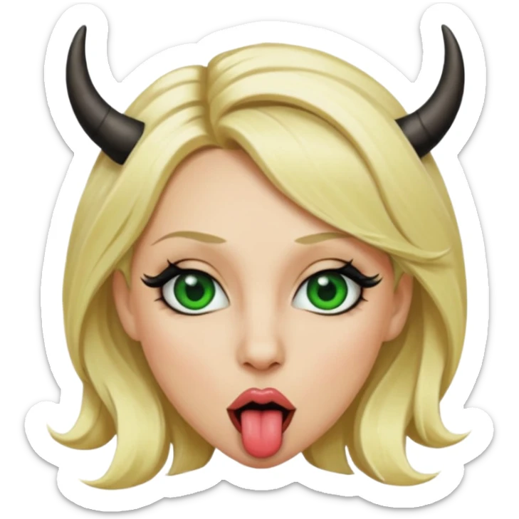 Emoji femme blonde cheveux blond, yeux vert avec de long cils noir qui tire la langue et à des cornes  sticker
