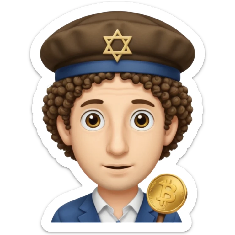 A Jewish man with a big nose and curly hair wearing a Jewish hat with his eyes as coins sticker