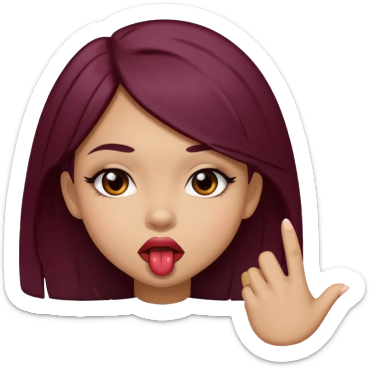 Brown light skin girl straight black/marroon hair biting her lips and blushing sticker