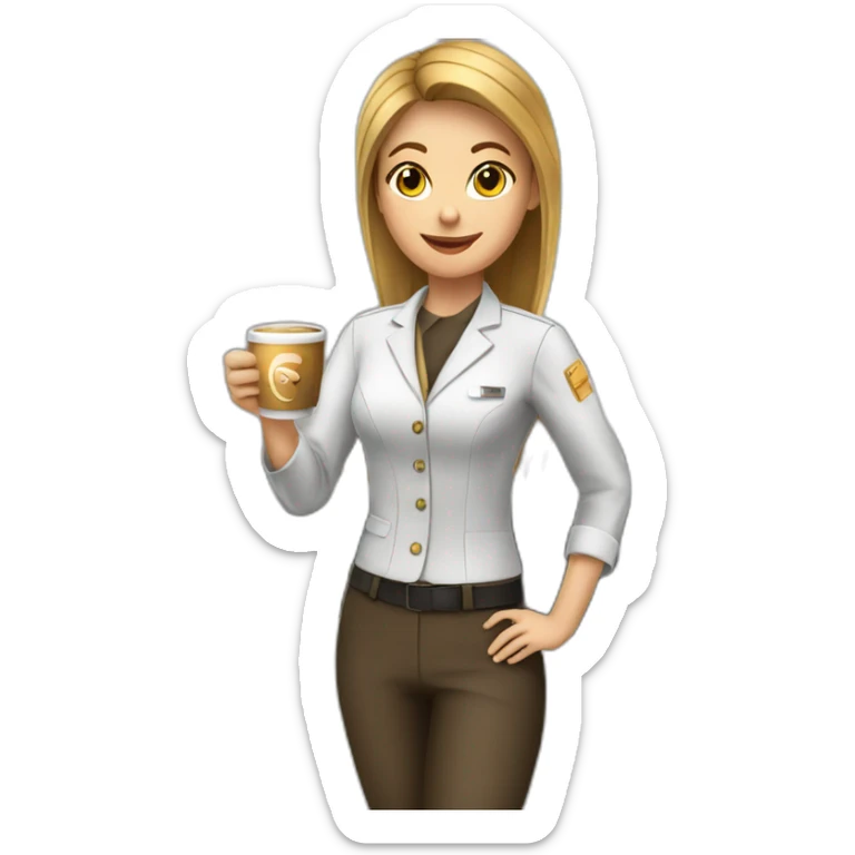 Female barista wear uniform and stand near coffee shop with cup of coffee and a cigarette sticker