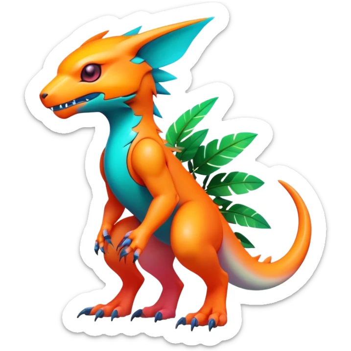 Tropical futuristic lush warm-colored modern colorful neon-colored Fakémon-Digimon-Trico-creature sticker