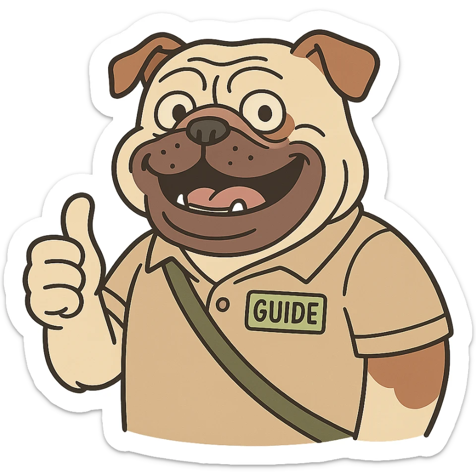 smiling English bulldog guide giving a thumbs up cartoon character sticker