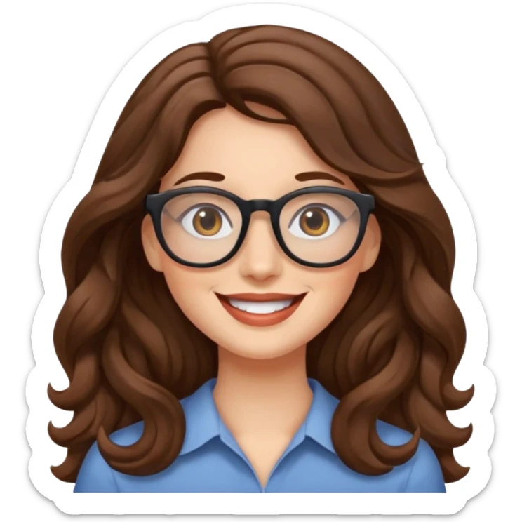 happy woman with long wavy brown hair and glasses sticker