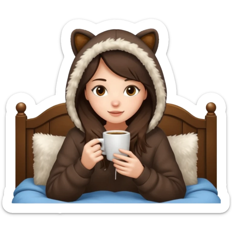 a brunette girl sitting cozily in her bed and a fur hoodie sipping coffee sticker