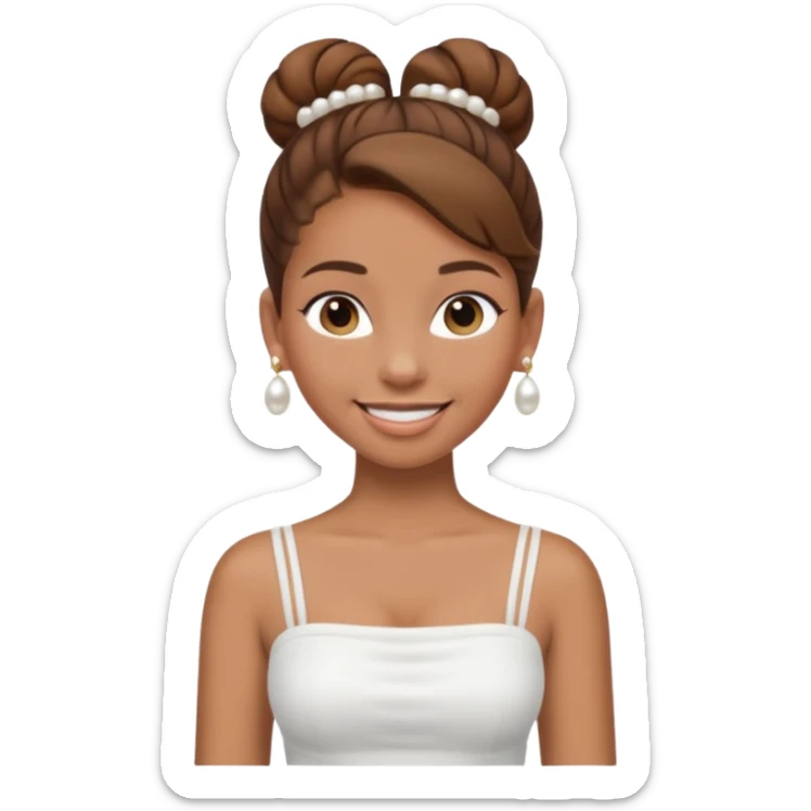 Full body Light brown skin girl, brown hair in bun, smiling, white tube top, pearl earrings sticker