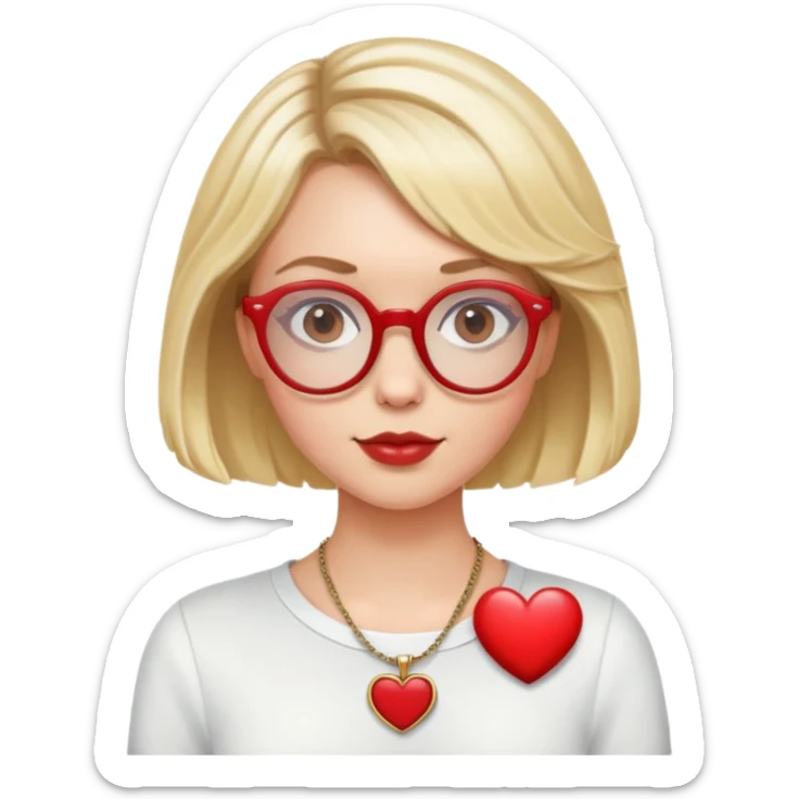 white girl head with short blonde bob hair slightly curled, red round glasses, heart necklace sticker