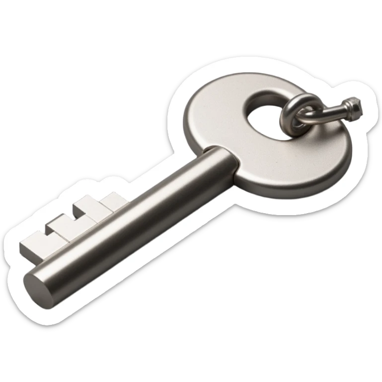 realistic metallic key, skeuomorphism icon style, detailed highlights and shadows sticker