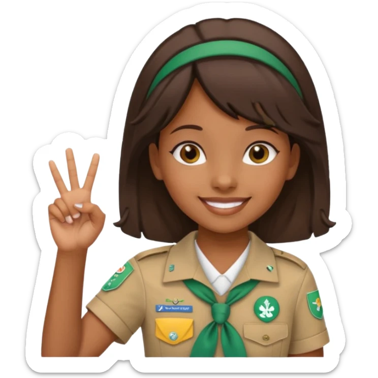 Create me a black Girl Scout emoji holding up Girl Scout hand sign 3 fingers on her right hand only sticker
