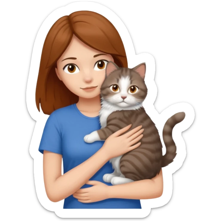 a white girl with brown and hair and a blue top hugging a siberian cat color brown, orange, gray, mixed colors sticker