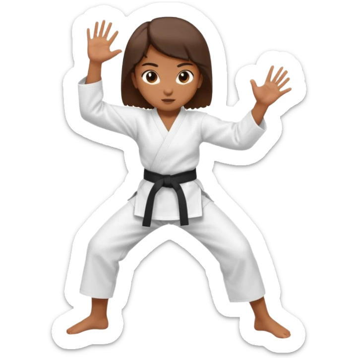 Ragazza castana che pratica karate, ha la cintura nera ed io tradizionale kimono bianco del karate, tira un calcio laterale oppure un pugno oppure è in posizione di guardia sticker