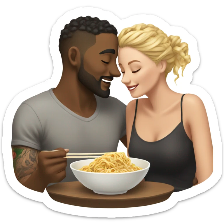 romantic noodle date with beautiful loving tattooed white couple realistic gazing in eyes sticker
