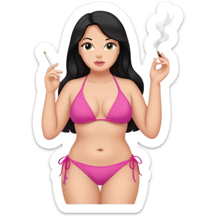 caucasian Curvy black long long hair in pink bikini body sfw pose, smoking sticker