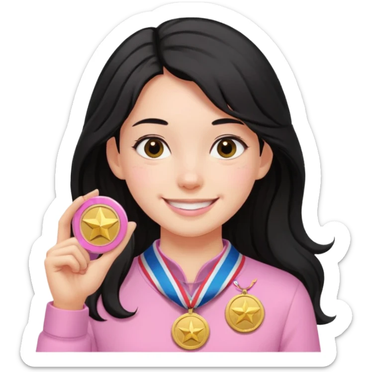 black haired girl wearing pastel pink with medals remove any hats, make her smile, make her hair longer sticker