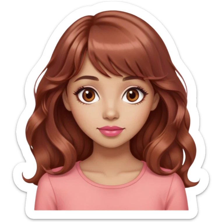 cute woman, light tan skin, big brown eyes, long wavy auburn hair, bangs, pink top, coral lipstick sticker