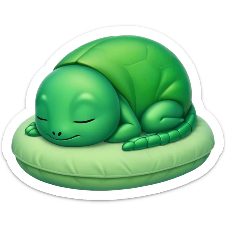 Meme-Worthy Cute Sleeping Green Bugdie Portrait Emoji, Head resting peacefully with a contented smile, showcasing a tiny, endearing build and a luxuriously smooth emerald exoskeleton, eyes shut in a serene nap, Simplified yet hilariously adorable features, highly detailed, glowing with a soft, drowsy light, high shine, relaxed and utterly lovable, stylized with an air of playful laziness, bright and heartwarming, soft glowing outline, capturing the essence of a comically sleepy insect, so meme-worthy it feels like it could instantly become the next viral sensation of adorable slumber! sticker
