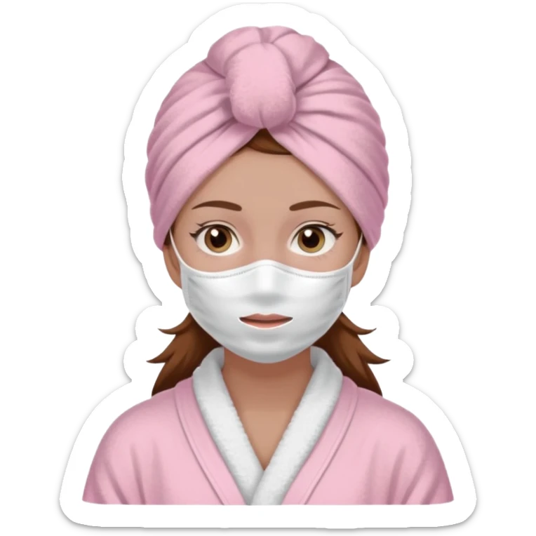 chica con el pelo castaño, albornoz y turbante de toalla rosa pastel, mascarilla facial blanca sticker