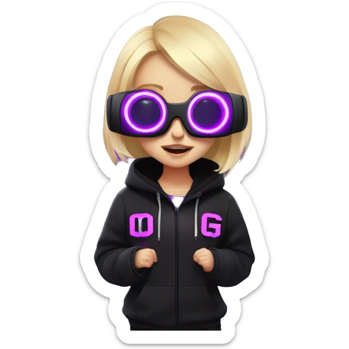 Russian cute blond student girl wearing black hoody with violet letters "OMG", in vr headset. No eyes. Cyberpunk style. Violet neon. sticker