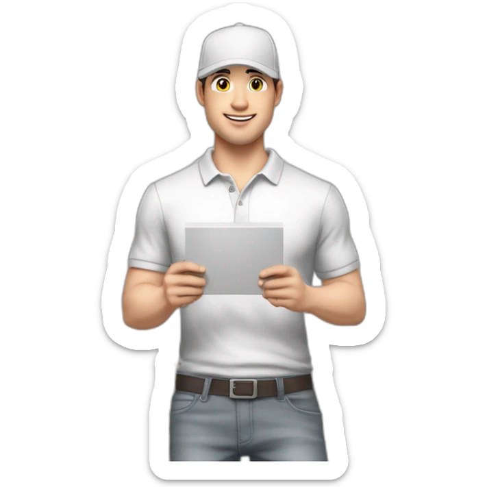 Pale skinned fit Man with dark brown hair in a white cap, gray jeans and gray polo T-shirt keeping a pasted with tape white box into his hands sticker